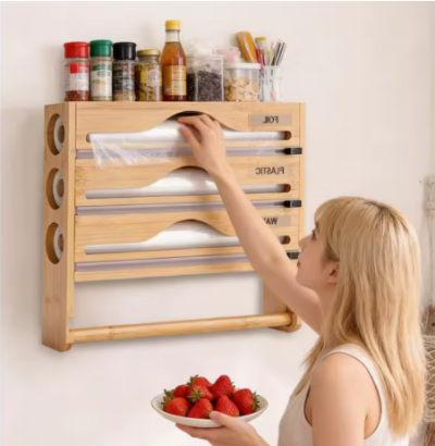 Rangement-cuisine-distributeur-papier-film-en-bois-bamboo