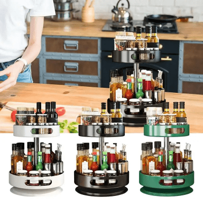 Rangement cuisine plateau tournant étagère à épices double niveau robuste - Cuisinelecoffret.com
