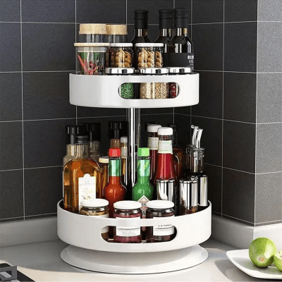 Rangement cuisine plateau tournant étagère à épices double niveau robuste - Cuisinelecoffret.com