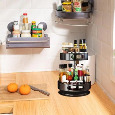 Rangement cuisine plateau tournant étagère à épices double niveau robuste - Cuisinelecoffret.com
